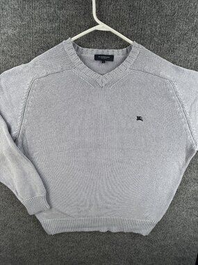 Burberry London Gray Blue Cotton Acrylic V-Neck Pullover Size 4 Sweater Knit
